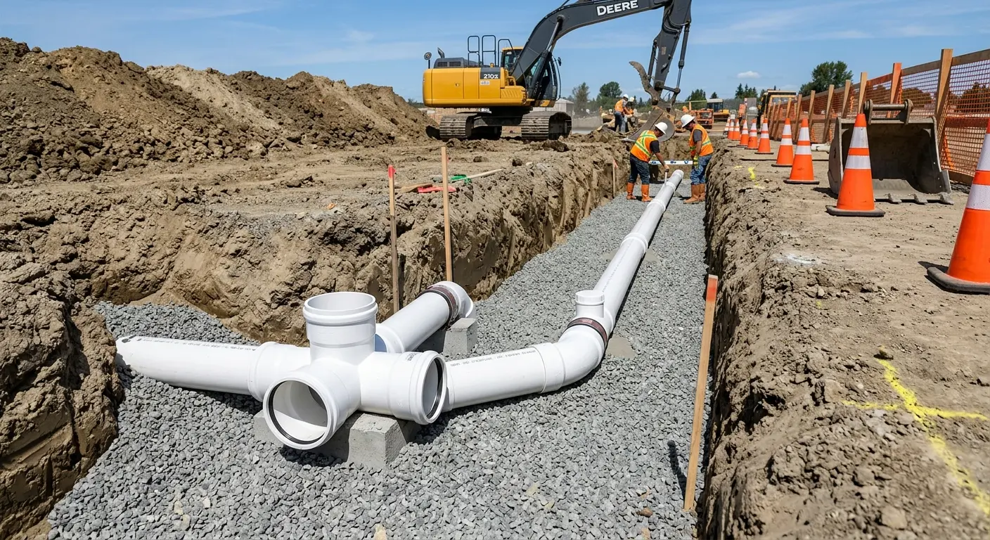 New PVC sewer pipe installation in open trench for Commercial Drain Cleaning in South Amboy