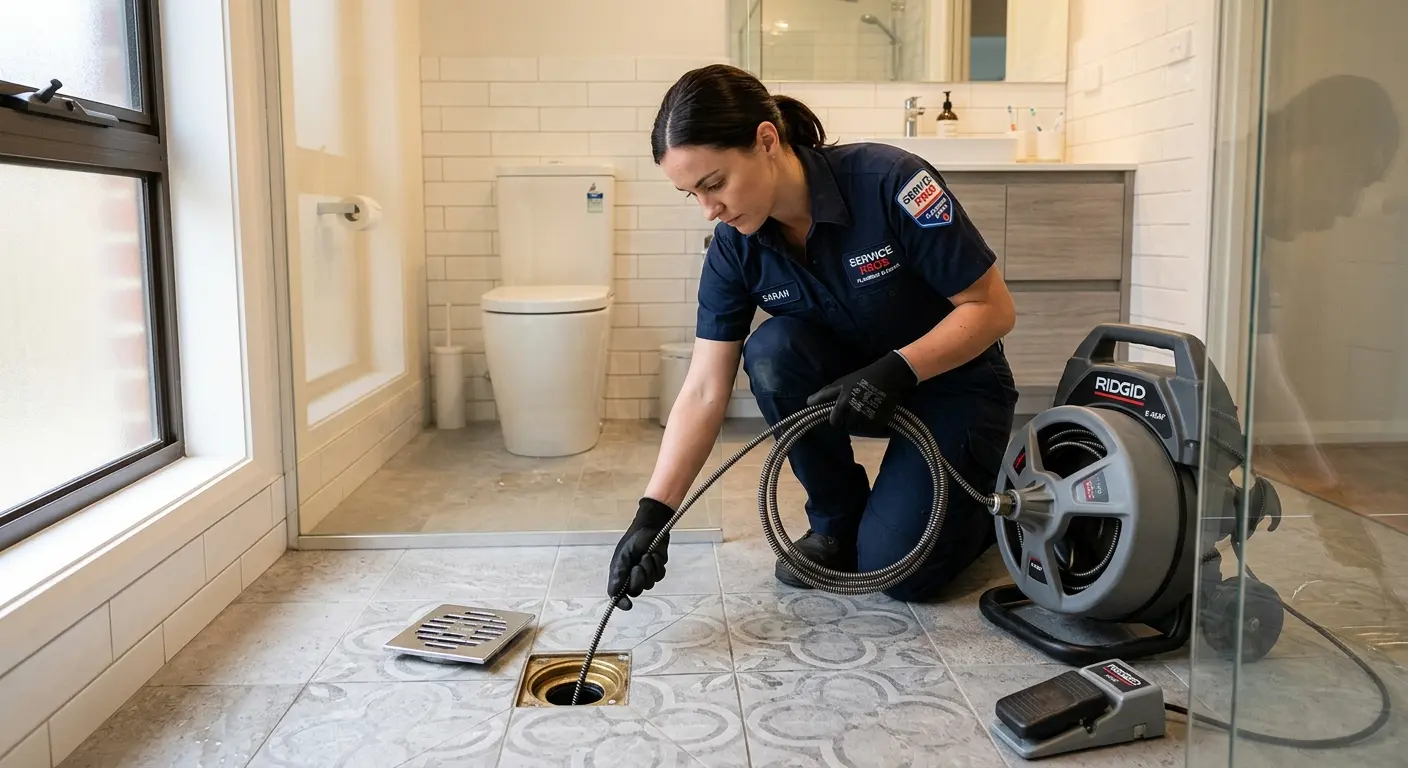 Technician clearing a bathroom floor drain for Clogged Drain Repair in South Amboy